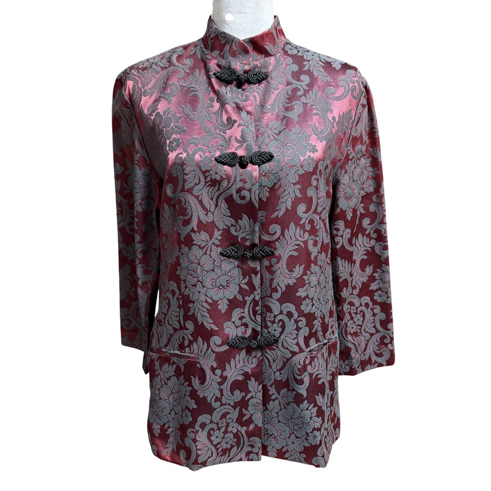 Norton McNaughton Mandarin Jacket 8 Burgundy Damask Jacquard Frog Closure Goth